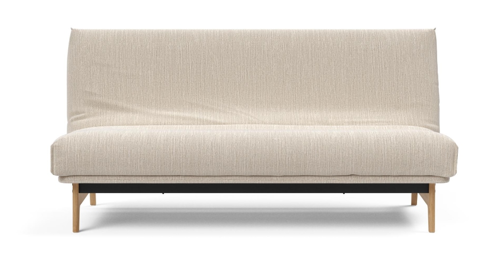 Aslak bäddsoffa 140, klädd i tyg 612 Blida Sand Grey, som soffa rakt framifrån