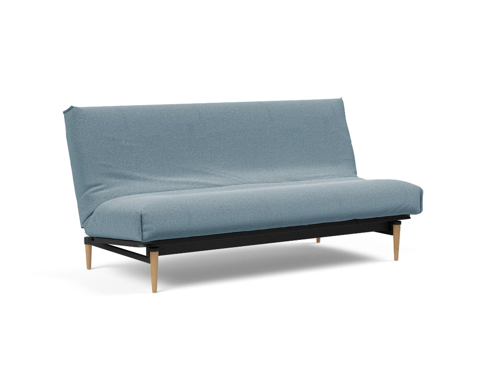 Colpus bäddsoffa, klädd i tyg 558 Soft Indigo, som soffa, säng och säng med höjd huvudände