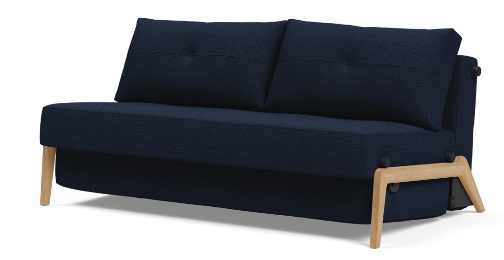 Cubed 160 Wood bäddsoffa, klädd i tyg 528 Mixed Dance Blue, som soffa