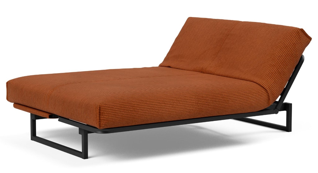 Fraction 140 bäddsoffa, klädd i tyg 595 Corduroy Burnt Orange, som säng med höjd huvudände