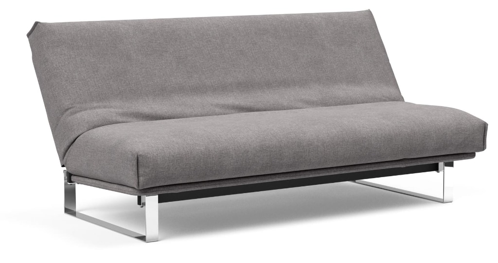 Minimum bäddsoffa, klädd i tyg 217 Flashtex Light Grey, som soffa med ryggen i relaxläge