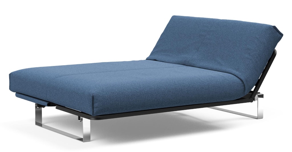 Minimum bäddsoffa, klädd i tyg 537 Bouclé Blue, som säng med höjd huvudände