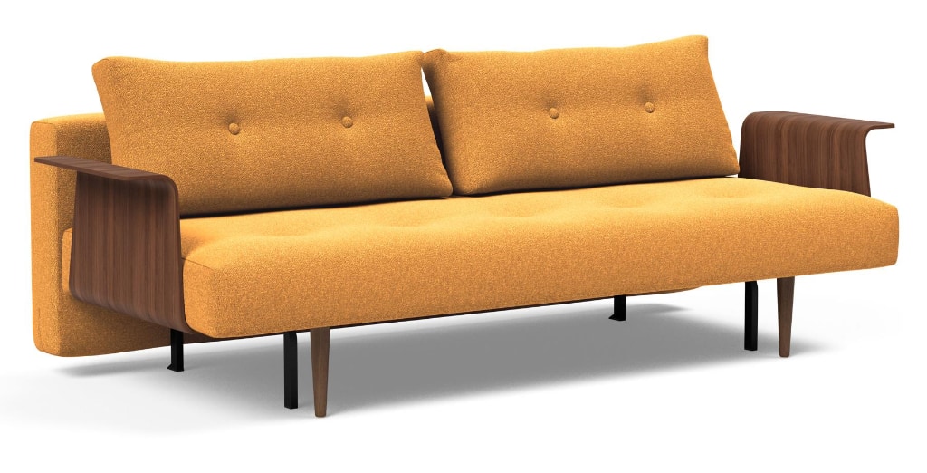 Recast bäddsoffa med armstöd, klädd i tyg 536 Bouclé Ochre, som soffa