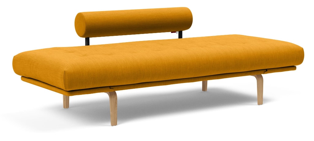 Rollo bäddsoffa med Bow ben, klädd i tyg 507 Elegance Burnt Curry, som säng