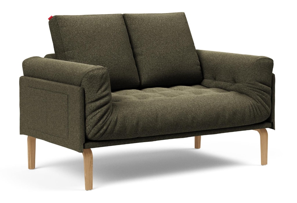 Rollo bäddsoffa med Bow ben, klädd i tyg 535 Bouclé Forest Green, som soffa