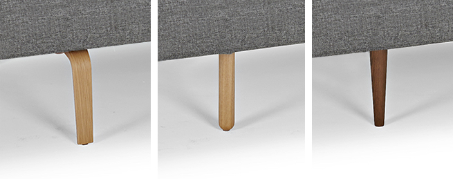 Tre olika ben till Rollo bäddsoffa. Från vänster till höger: Bow, Stem och Styletto.