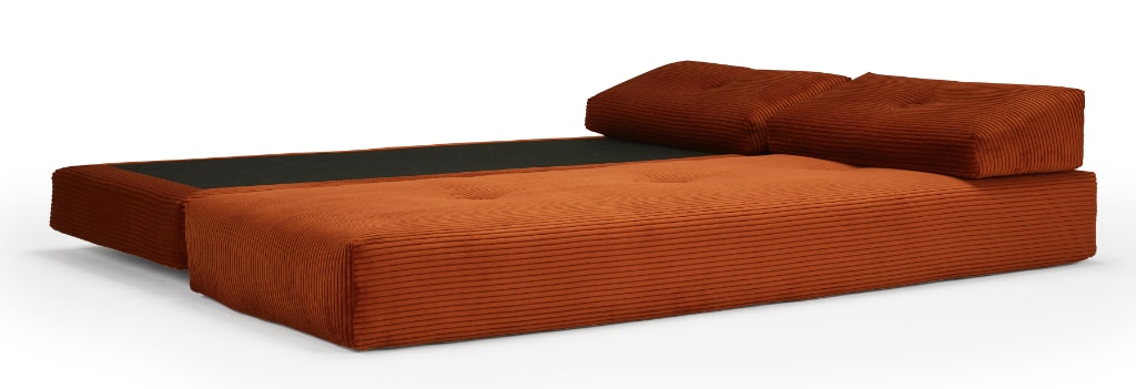 Sigmund dagbädd som obäddad dubbelsäng, klädd i tyg 595 Corduroy Burnt Orange, som dubbelsäng