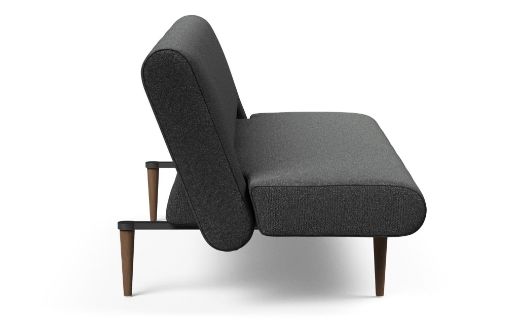 Unfurl bäddsoffa, klädd i tyg 529 Bouclé Charcoal, som soffa sedd från sidan